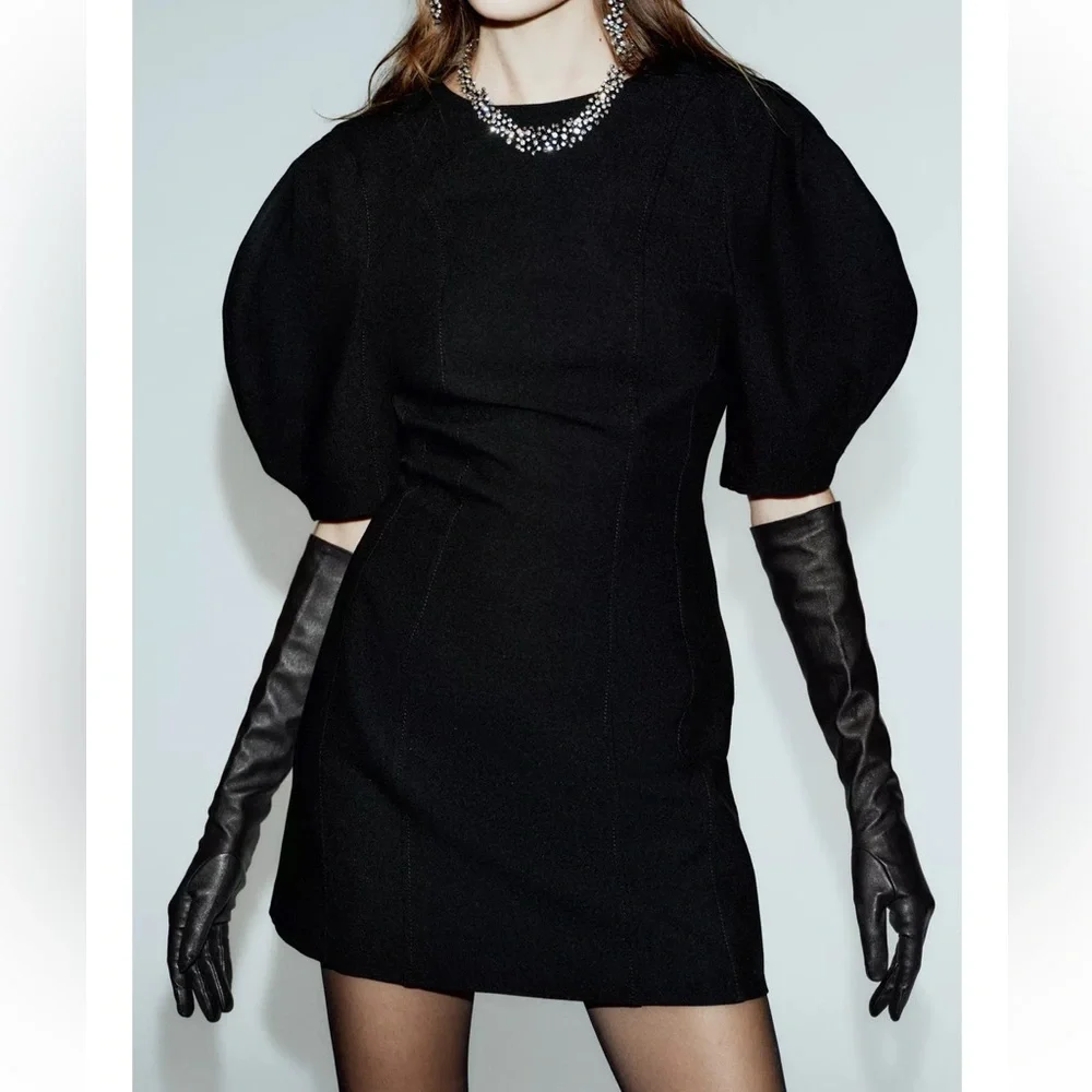 Zara NWT black balloon puff sleeve mini dress - Picture 4 of 14